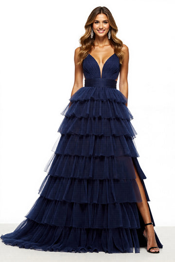 Tiered A Line Long Navy Prom Dress